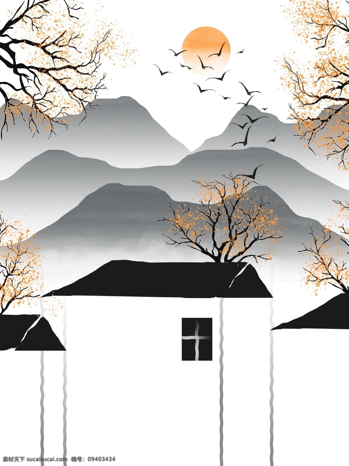 中式 手绘 房屋 红梅 山川 装饰画 中国画 中国 一联画