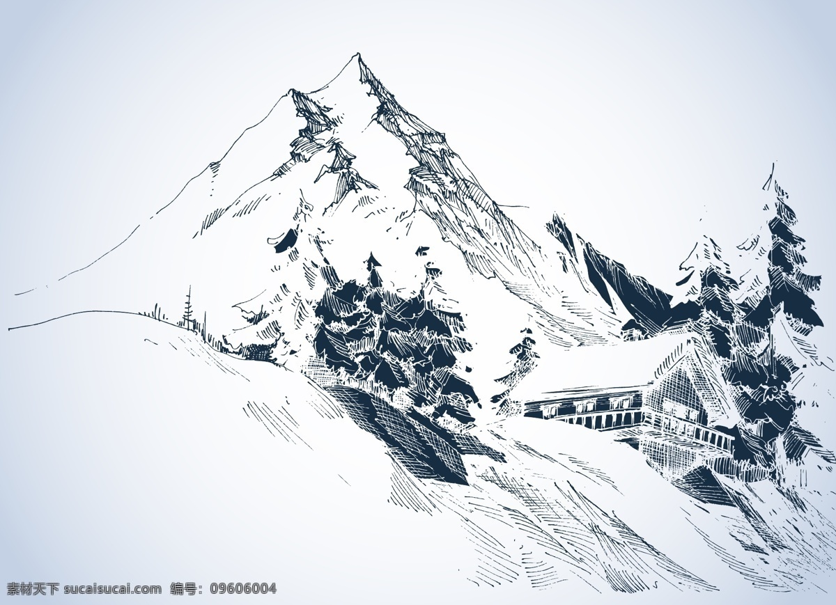 雪山 脚下 房屋 素描 绘画 画图 意境 矢量 高清图片