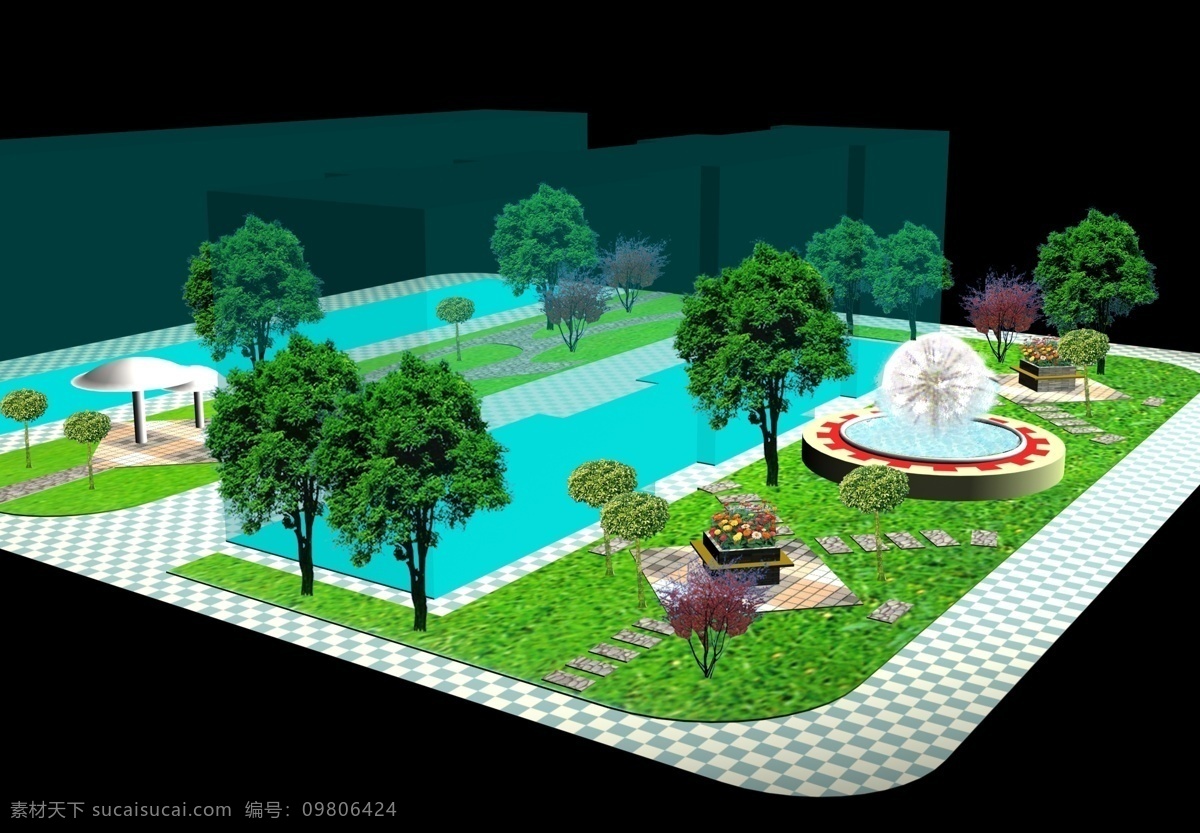 分层 花园 绿化 喷泉 小区 效果图 源文件 模板下载 装饰素材 园林景观设计