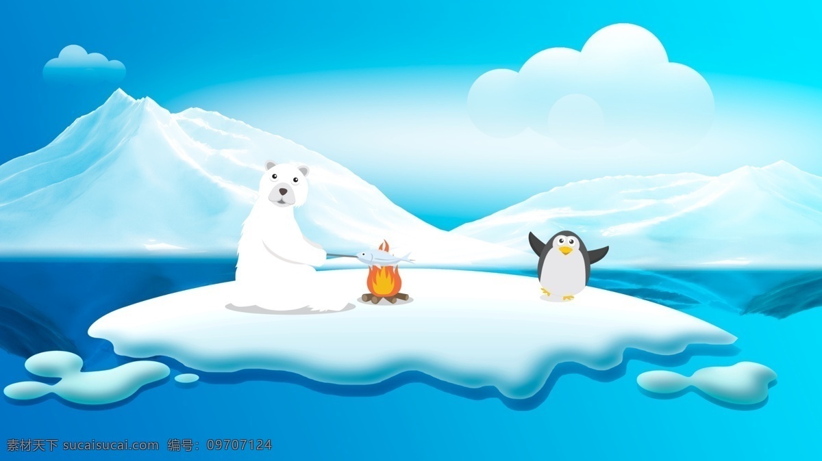 矢量 扁平 南极 冰川 背景 蓝色 扁平化 企鹅 冰岛 冰山 海洋 清新 冬天 寒冷 冰爽 海报