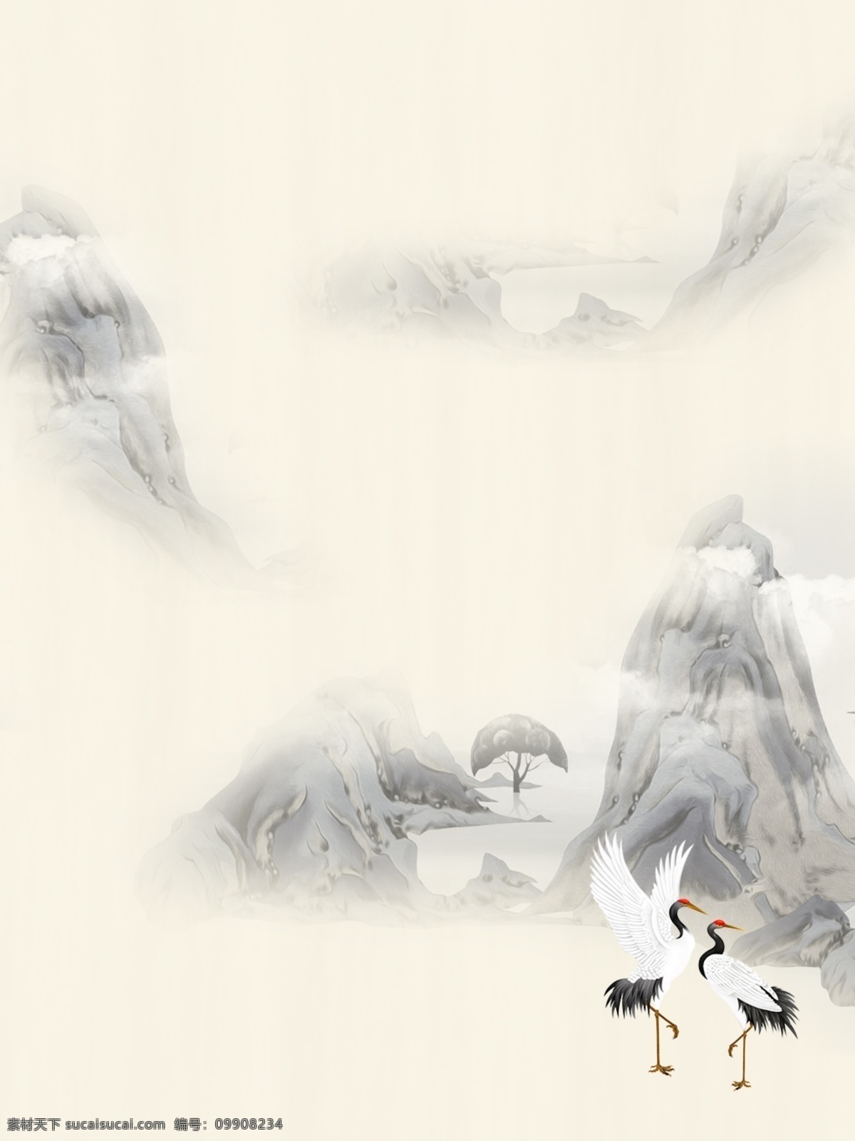 全 原创 水墨 松柏 仙鹤 背景 山水 中国风 国画