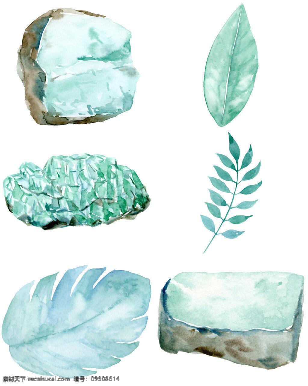 蓝色 叶子 石头 创意 水彩 白色