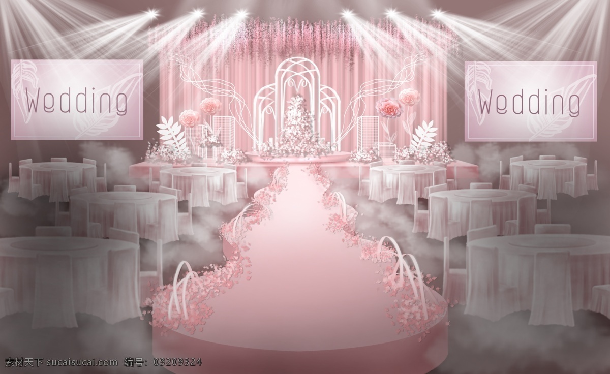 粉白色 梦幻 唯美 主题 婚礼 主 仪式 区 效果图 肉 粉色 粉色纸艺花 白色铁艺拱门 樱花 粉 橘 色