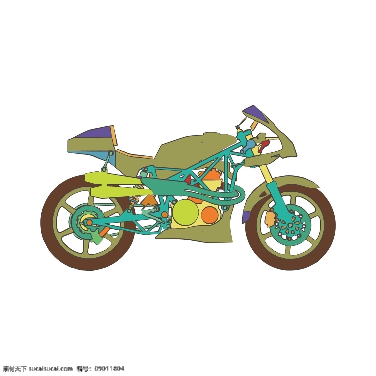 简约 扁平 卡通 漫 画风 机车 摩托车 矢量 元素 漫画风 撞色 插图