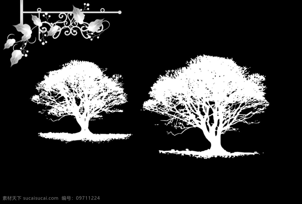 树干树枝素材 黑白素材 树干 树枝 树叶 黑色