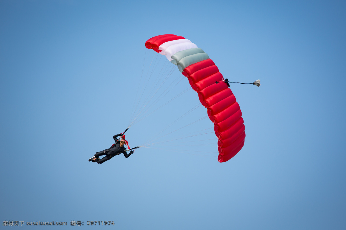 打开 降落伞 空中 天空 运动 跳伞 运动员 体育运动 生活百科 蓝色