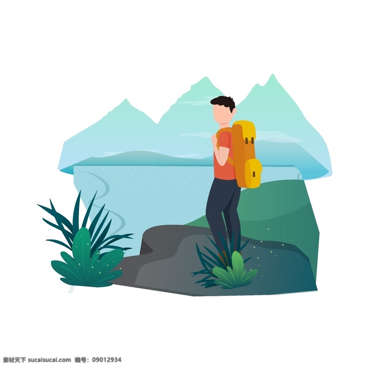 卡 通风 赏 风景 男人 元素 男孩 旅者 旅行 河边 人物