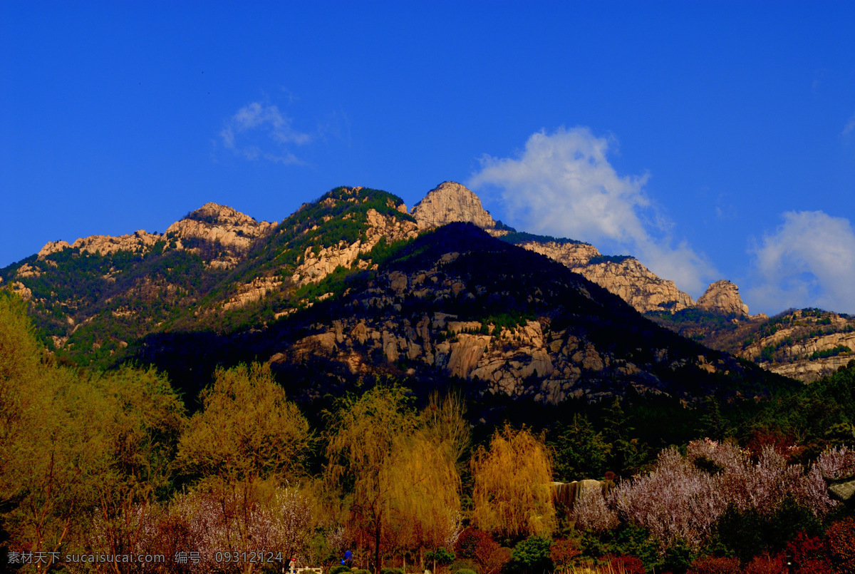 泰山风景 春天 春意 春色 大山 泰山 山峰 岩石 蓝天 白云 红花 绿树 阳光 光影 泰山上的风景 山水风景 自然景观