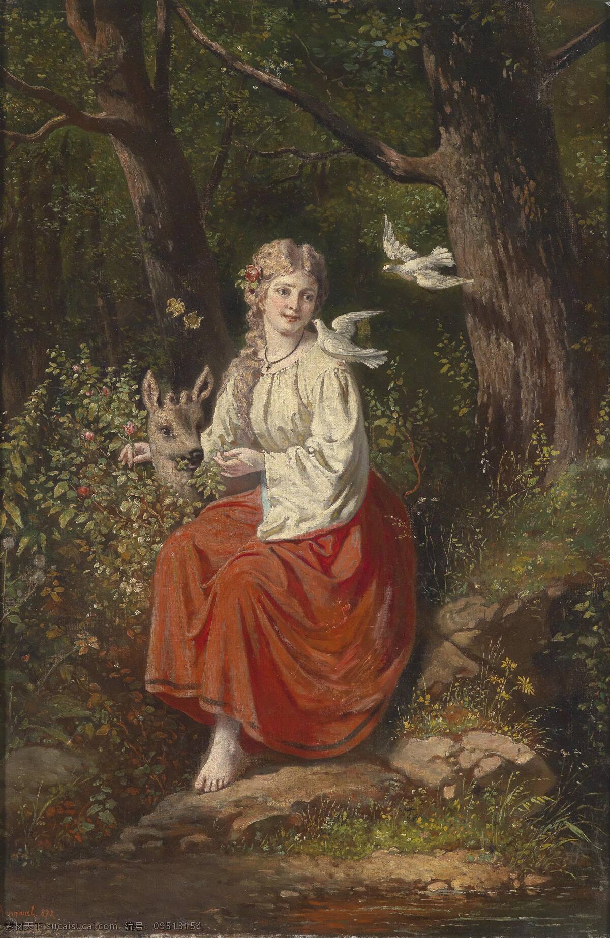 蝴蝶 绘画书法 林间 树丛 文化艺术 小鹿 油画 少女与鹿 年轻姑娘 两只小白鸽 19世纪油画 家居装饰素材