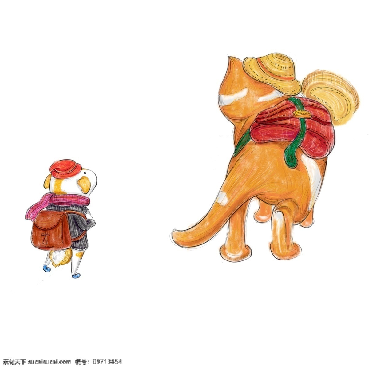 萌 宠 旅行 手绘 插画 商用 元素 卡通 背影 彩色 萌宠