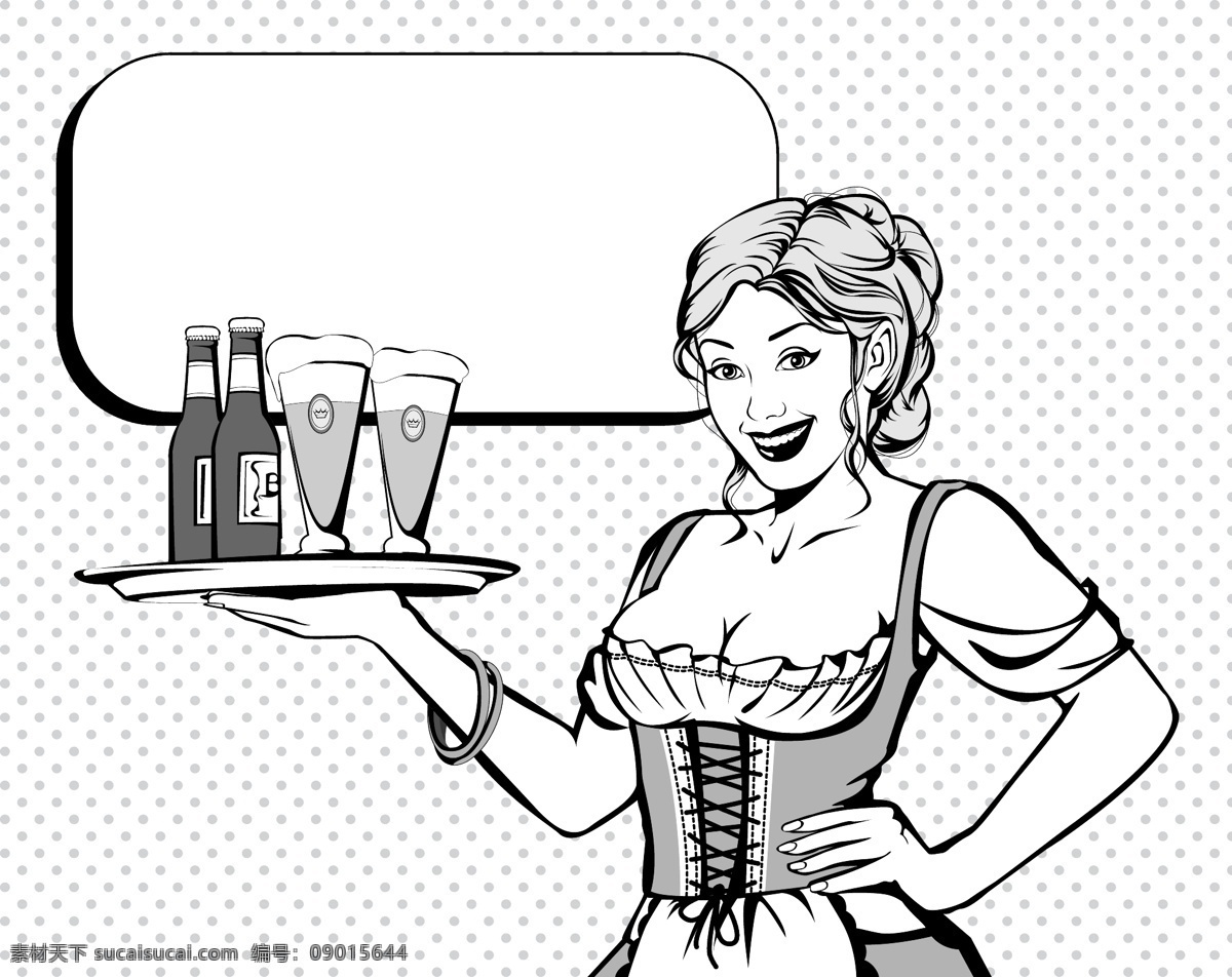 卡通 黑白 动漫 欧美 女性 对话 矢量 服务员 国外 美女 对话框 线条 手绘