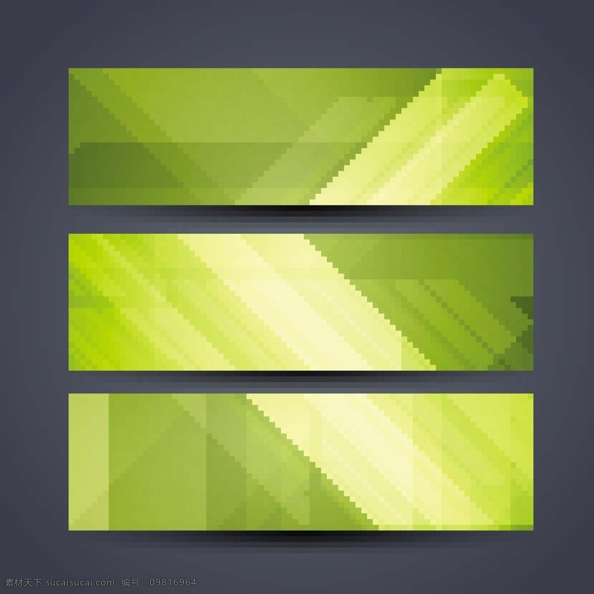 三个 具有 几何 形状 绿色 抽象 横幅 海报 商业 技术 模板 多边形 优雅 头 丰富多彩 颜色 现代 高科技 装饰