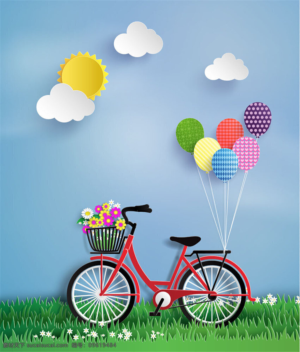 红色 自行车 彩色 气球 和谐 卖力