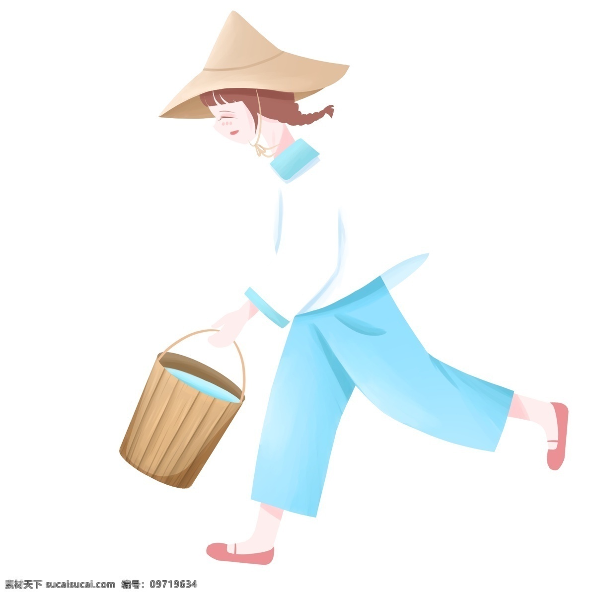 小清 新卡 通 提 桶 水 女孩 卡通 手绘 小清新 日系 提着一桶水 水桶 斗笠 走路 人物