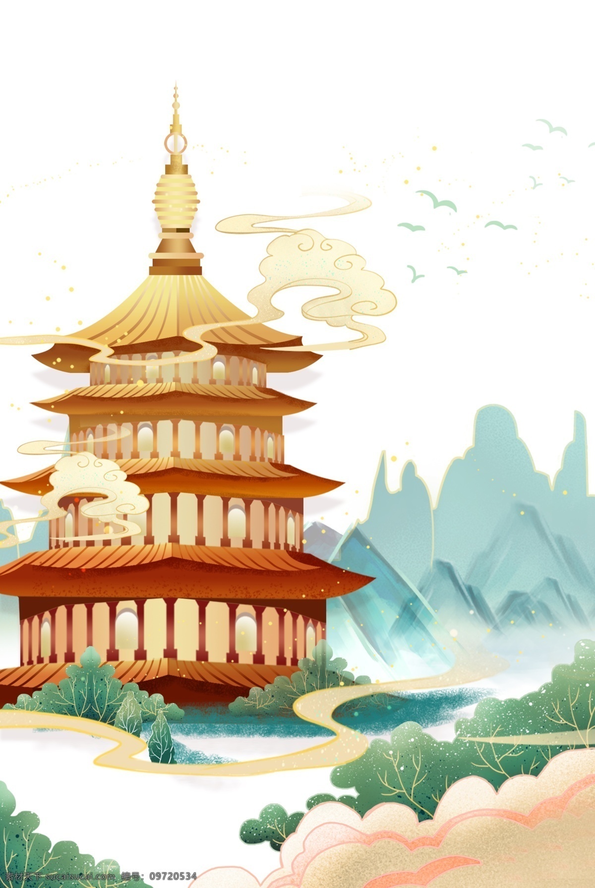 中国 风 绘画 建筑 塔 中国风 手绘 中国建筑 中国元素 山水 祥云 古塔 分层