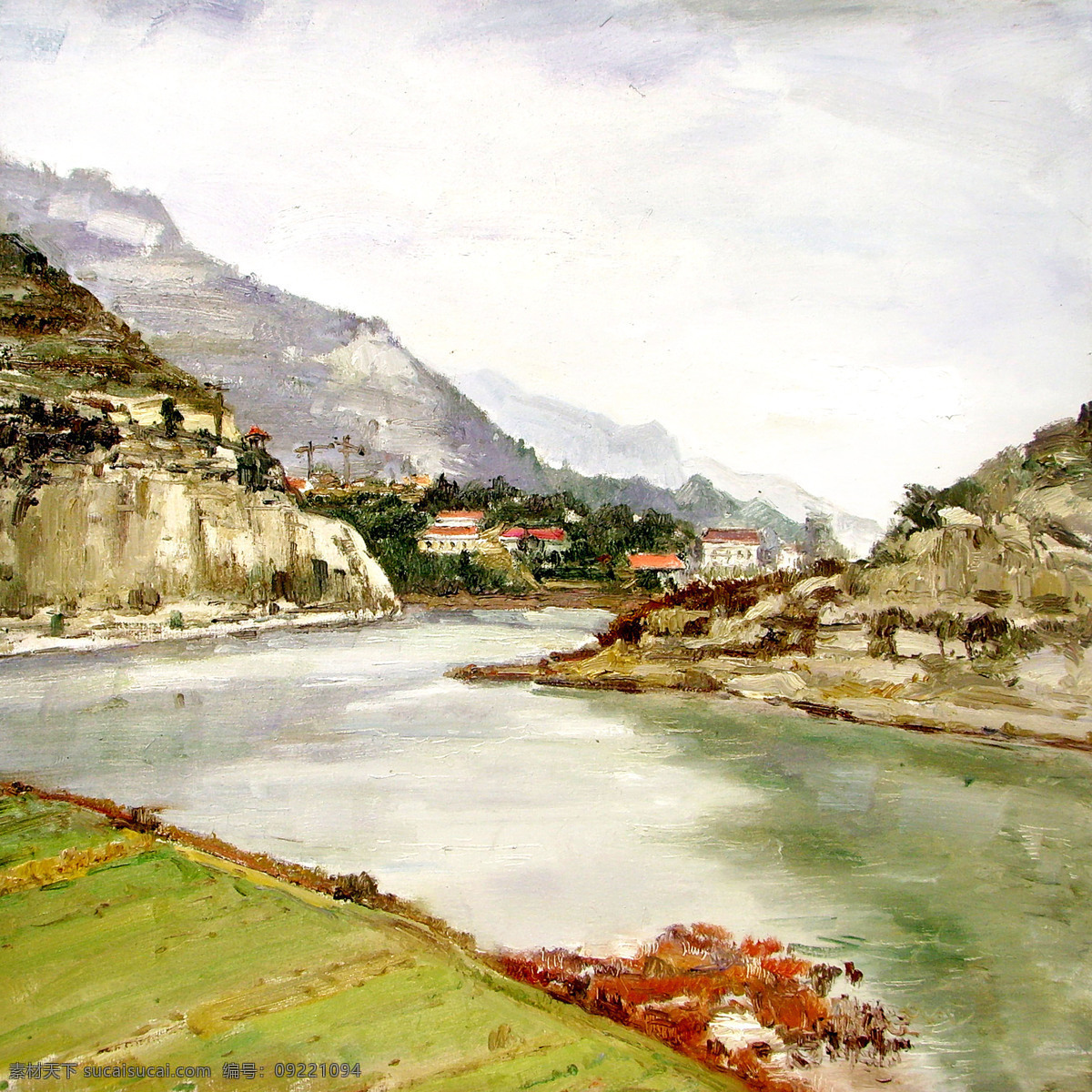 风景画 绘画书法 楼房 美术 山峰 山岭 树木 峡江春色 油画 江流 村镇 田地 油画艺术 油画作品35 文化艺术