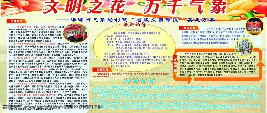 花 展板模板 指导思想 气象宣传 文明之花 万千气象 省级 文明 单位 实施方案 创建任务 创建目标 实施步骤 创建措施 矢量 其他展板设计