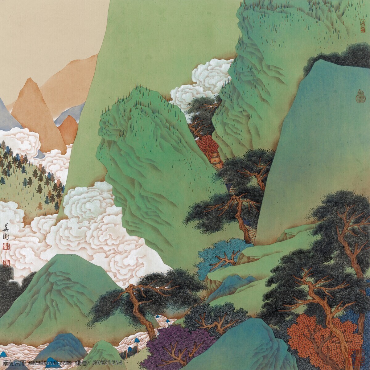 中国画 青山绿水 工笔 重 国画 郭华卫 屏风 山水画 山水工笔 山水国画 工笔画 工笔重彩 中国画拍摄 文化艺术 绘画书法