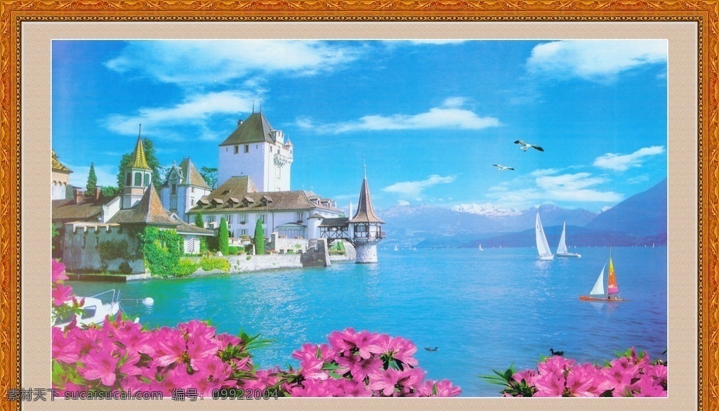 壁画风景画框 高精壁画 画边 蓝蓝的大海 红花 海鸥 帆船 房屋 画册设计 广告设计模板 源文件
