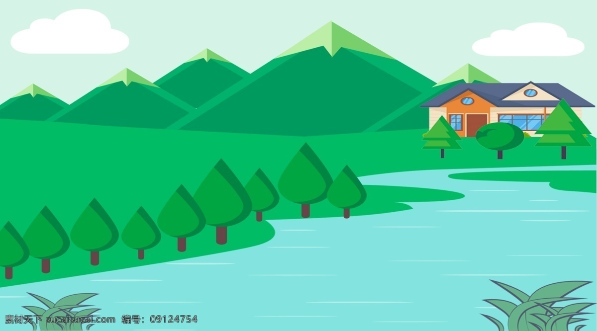 唯美 手绘 山水风景 插画 背景 插画背景 植物背景 草地背景 绿地背景 蓝天白云 河边