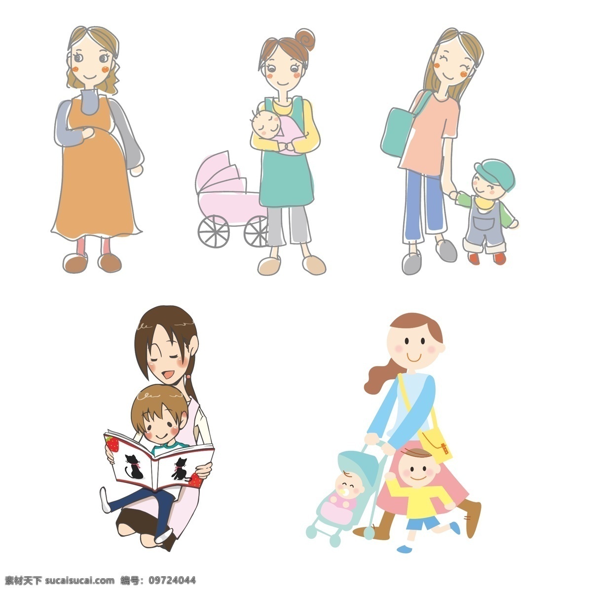 母亲 孩子 母爱 怀孕 宝宝 阅读 散步 动漫卡通插图 动漫动画
