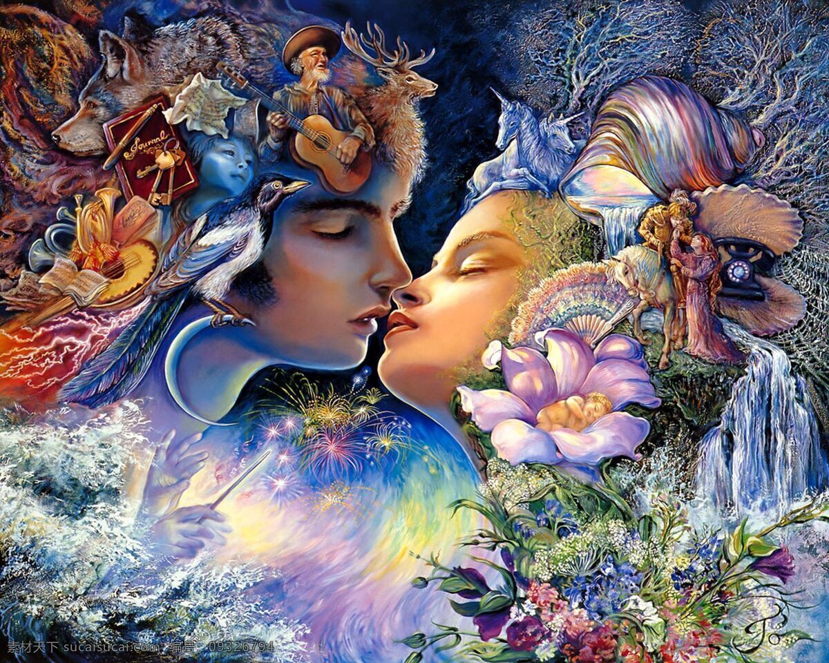 天国的精灵 插画 人物 接吻 花朵 彩色 绘画书法 文化艺术
