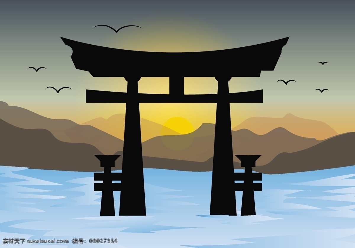 torii gates 日落 景观 载体 春天 夏天 日出 天空 神社 自然 神圣的象征 寺 向量 旅游 传统 牌坊 山 文化 图纸 卡 背景 艺术 亚洲