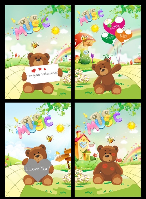 本本设计 小 熊 mouic 小熊 小熊猫 熊猫 可爱 公仔 天空 太阳 吻 i love you 梦幻 背景 鲜花 草地 卡通屋 mp3 音乐 元素 房子 树木 本本封面设计 封面设计 本本封面 本本 封面 记事本 源文件 分层
