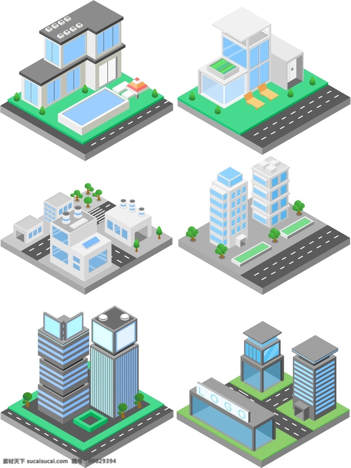 d 立体 城市 街道 建筑 场景 元素 套 图 别墅 超市 25d 楼房 大厦 办公楼 商业楼 广告牌 工厂 绿植 树木 草坪 花圃 泳池 伞 躺椅 商场