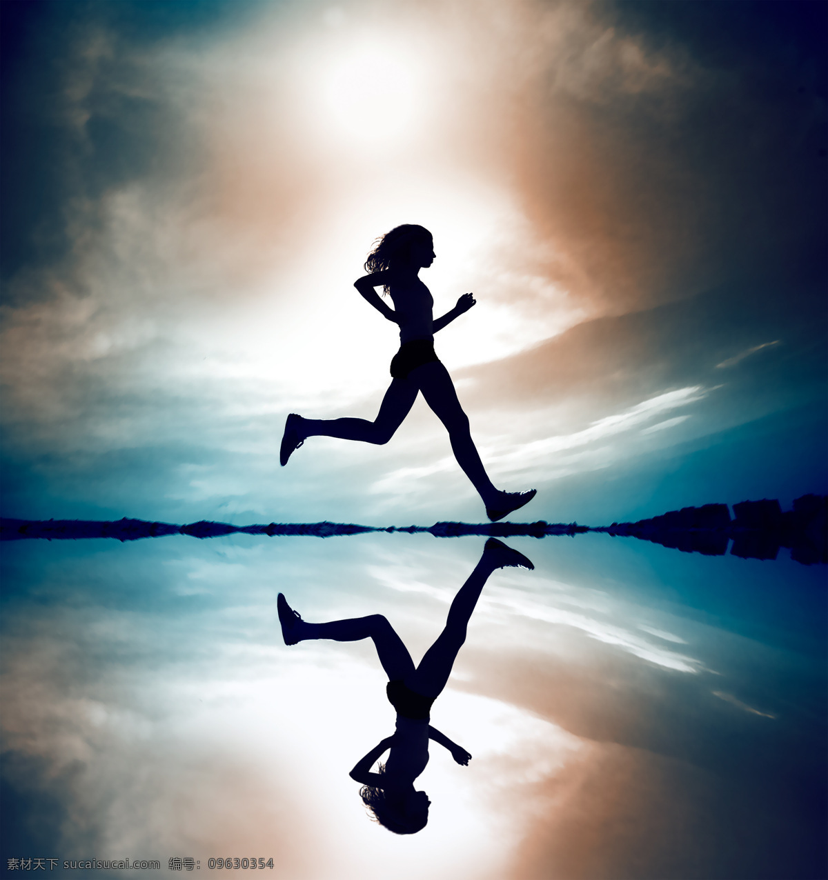 晨跑 人体 跑步 运动 体育 湖 倒影 天空 蓝天 女人 女性 人物图库 人物摄影 摄影图库