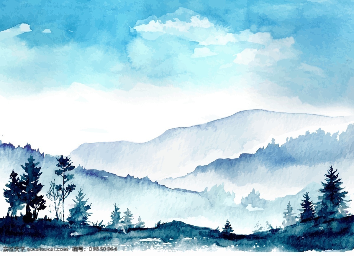 水彩 绘 浪漫 风景 插画 白云 蓝天 山峰 手绘 水彩绘 自然