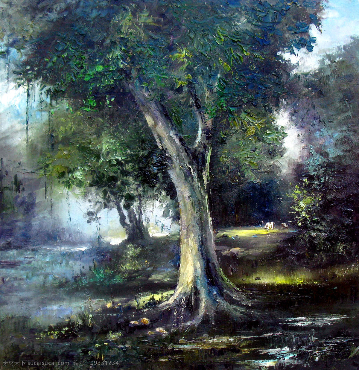 茂密 森林 油画 树木 美丽风景 绘画 文化艺术 世界名画 书画文字