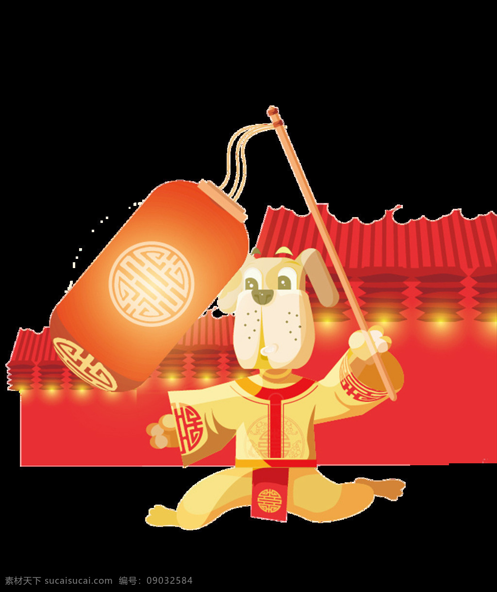 喜庆 欢快 红色 城堡 灯笼 节日 元素 红色城堡 黄色光线 节日必备 节日元素 小狗
