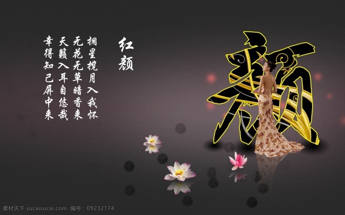 拥星揽月海报 红颜 诗 美女 墨点 荷花 倒影 黑色