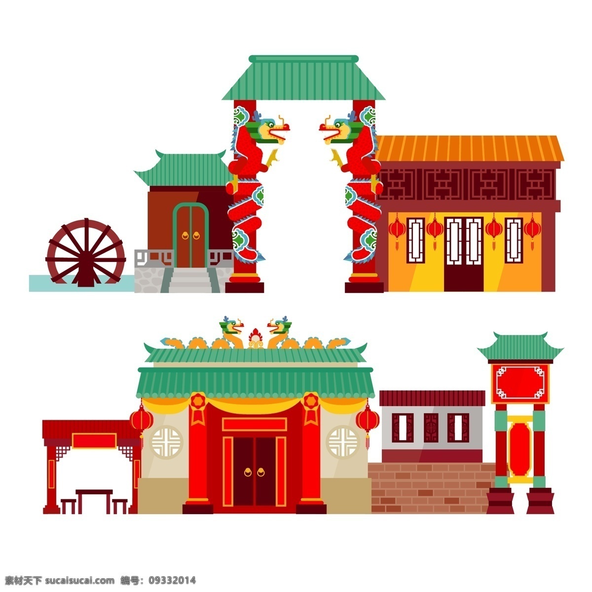 中式 传统 牌坊 建筑 插画 国式 龙纹 艺术 中国