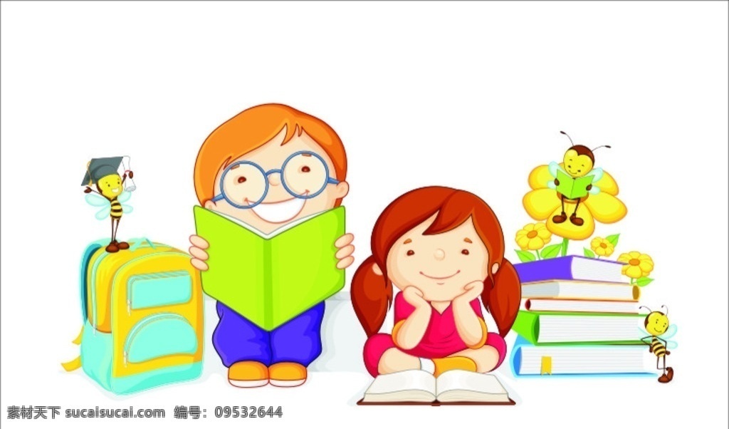 幼儿看书学习 幼儿 看书 学习 幼儿园 小孩 小朋友 读书 书包 小蜜蜂 卡通 人物 矢量