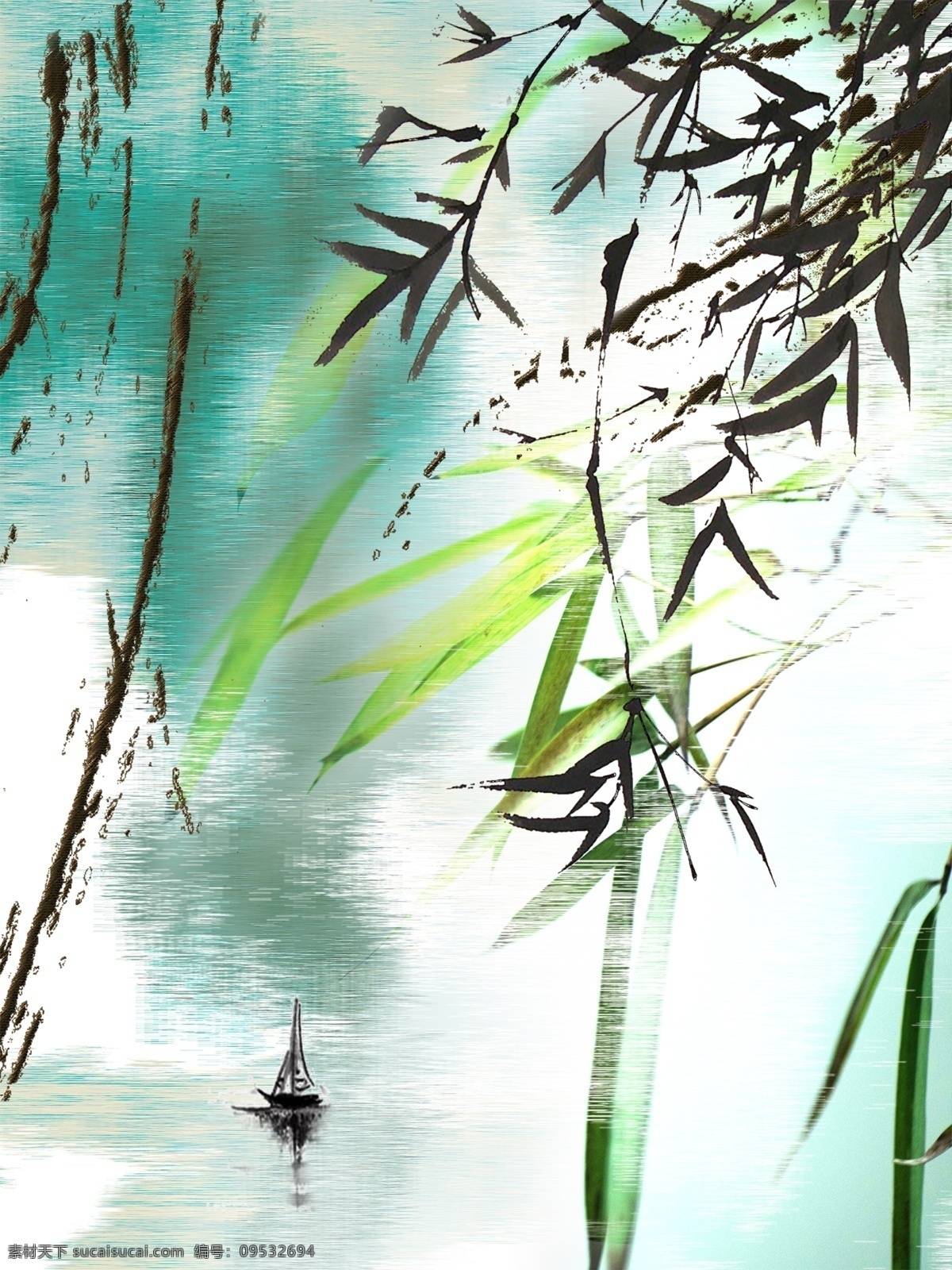 唯美 古风 水墨 竹子 书房 装饰画 水墨竹子 水墨小船 水墨笔触 淡绿色 抽 闲 背景 文艺