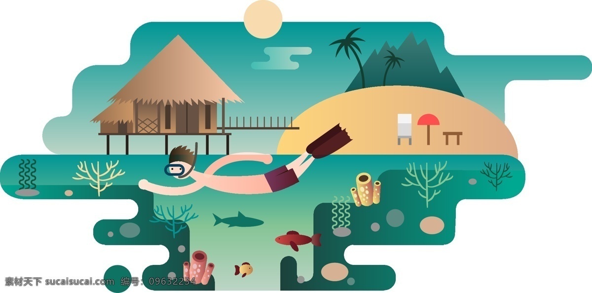 潜水 人物 插画 抽像 夏天 房子 游泳