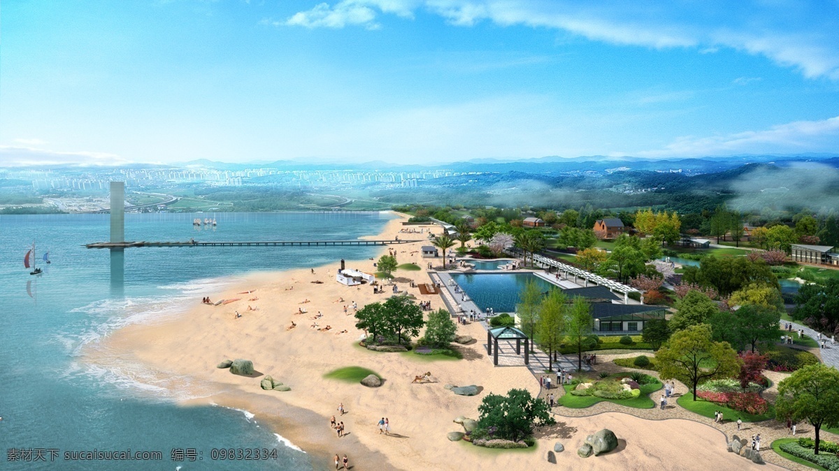 海滩 休闲 景观设计 大海 人物 沙滩 石头 山峰 云雾效果 凉亭 草地 树木 房屋 建筑物 蓝天 白云 环境设计