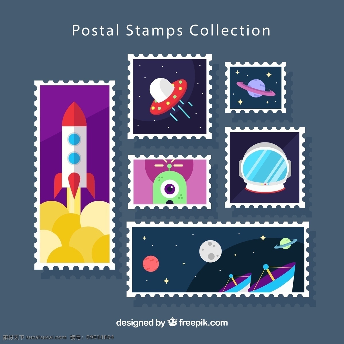 太空 元素 邮票 火箭 宇宙飞船 外星人 宇航员 星球 矢量 高清图片
