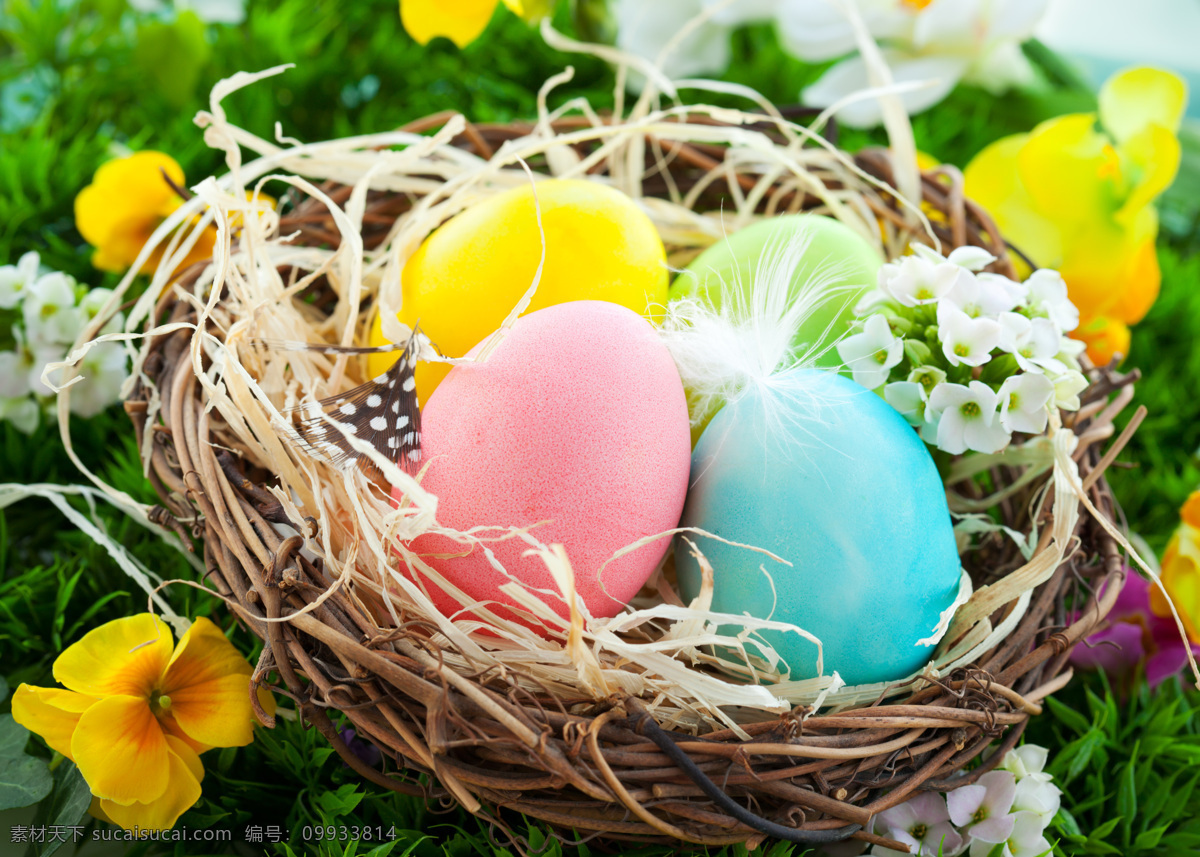 复活节彩蛋 彩蛋 创意彩蛋 复活节 鲜花 篮子 黄色鲜花 绿草 高清图片 节日庆祝 文化艺术