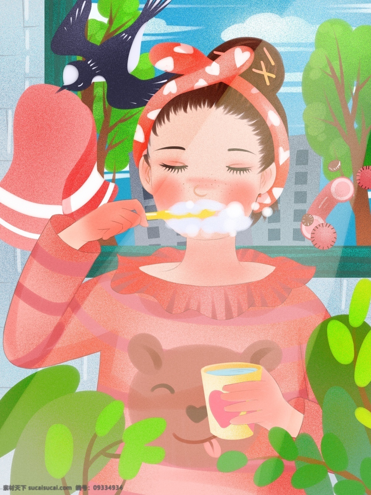 早安 你好 早起 洗漱 上课 元气 女孩 清新 插画 毛巾 风景 阳光 早安你好 刷牙 隐形眼镜 发带 燕子