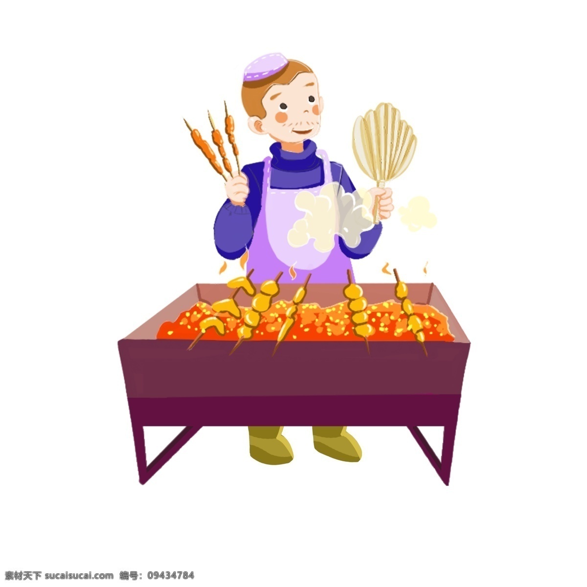 春分 烧烤 小 男孩 春分人物插画 美味的食物 红色的烧烤架 卡通人物 踏青的小男孩 黄色的扇子