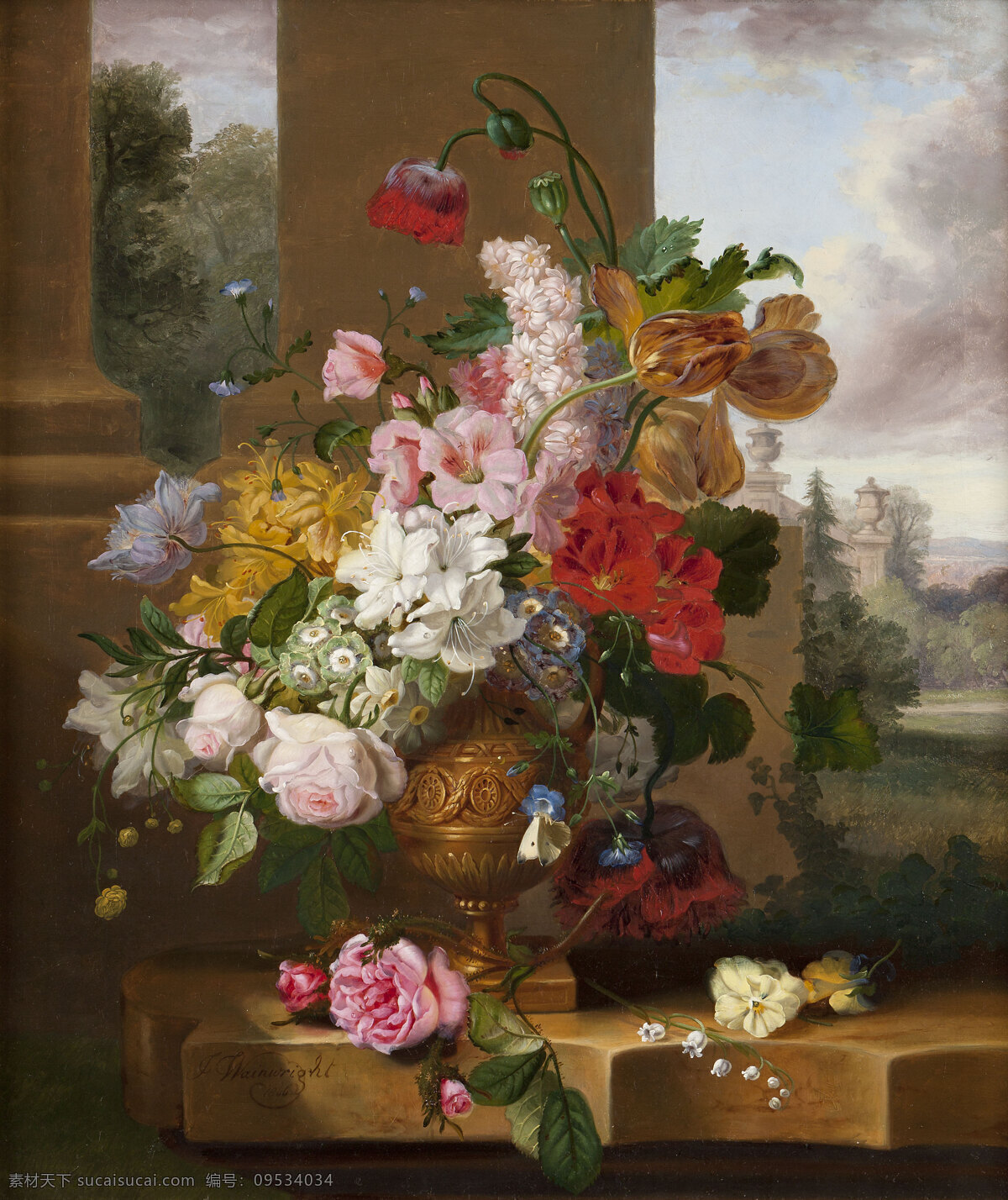 静物鲜花 混搭鲜花 永恒之美 花瓶 台子 野外 白蝴蝶 20世纪油画 油画 绘画书法 文化艺术