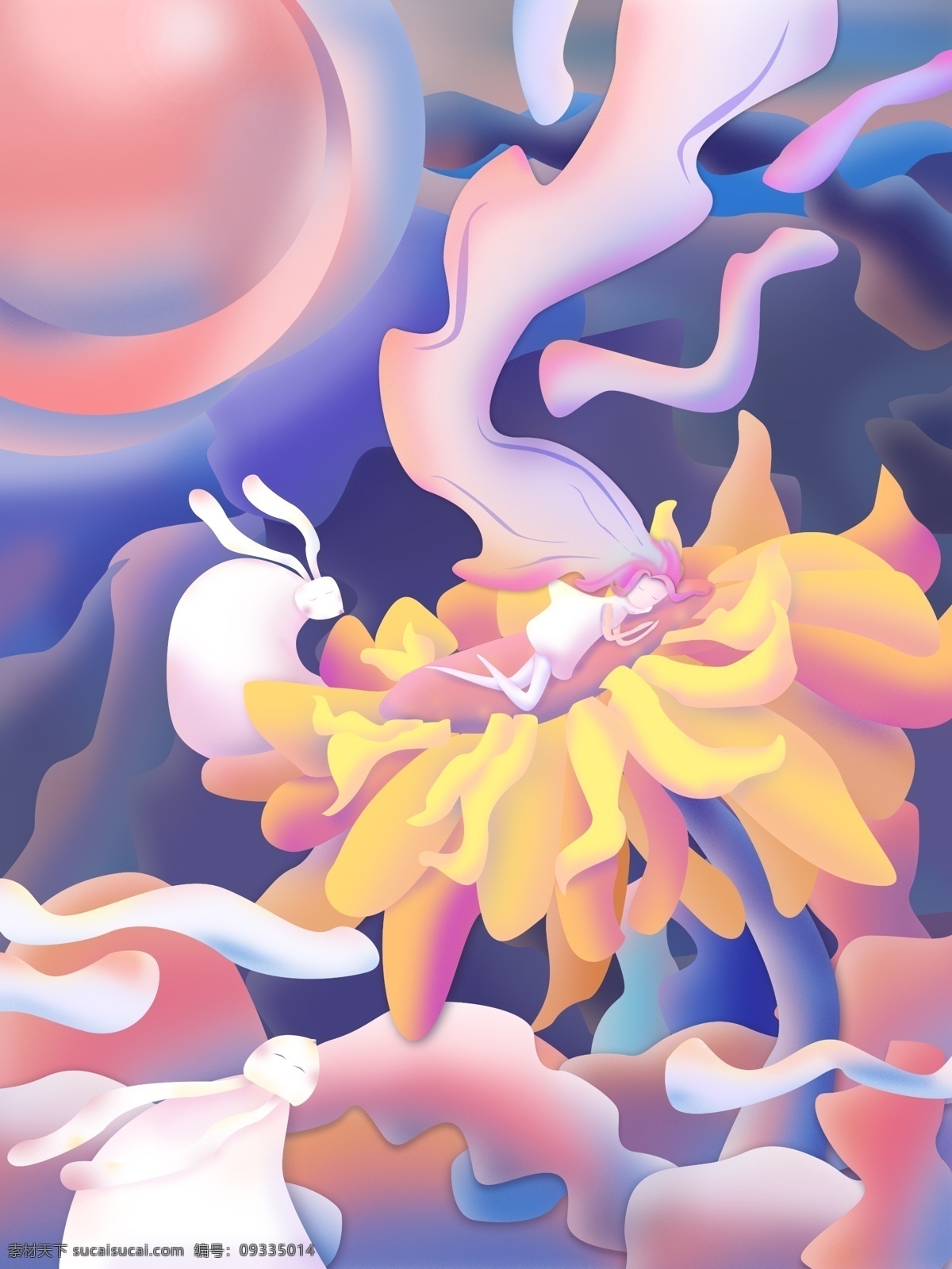 原创 手绘 风格 兔子 女孩 插画 梦幻 花