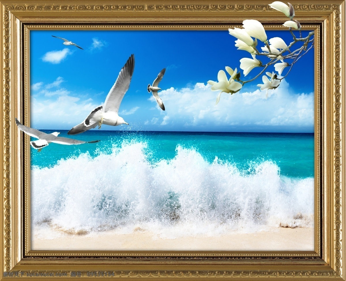 分层 白云 背景素材 碧海 壁画 大海 飞鸟 海浪 海滩 海边 海沙 浪花 海鸟 海鸥 玉兰花 蓝天 云朵 画框 框架 挂画 风景画 沙滩 源文件 psd源文件