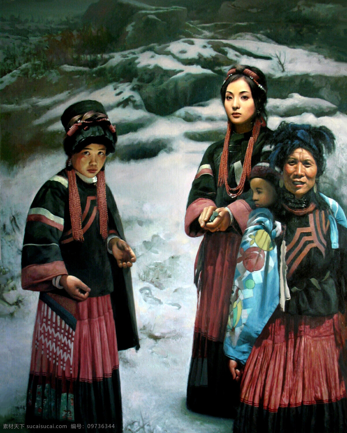 表情 动作 儿童 发型 服装 妇女 姑娘 绘画书法 山里人 美术 油画 现代油画 人物画 人物 女人 女子 女孩 少数民族妇女 姿态 雪地 山野 油画艺术 油画作品11 文化艺术