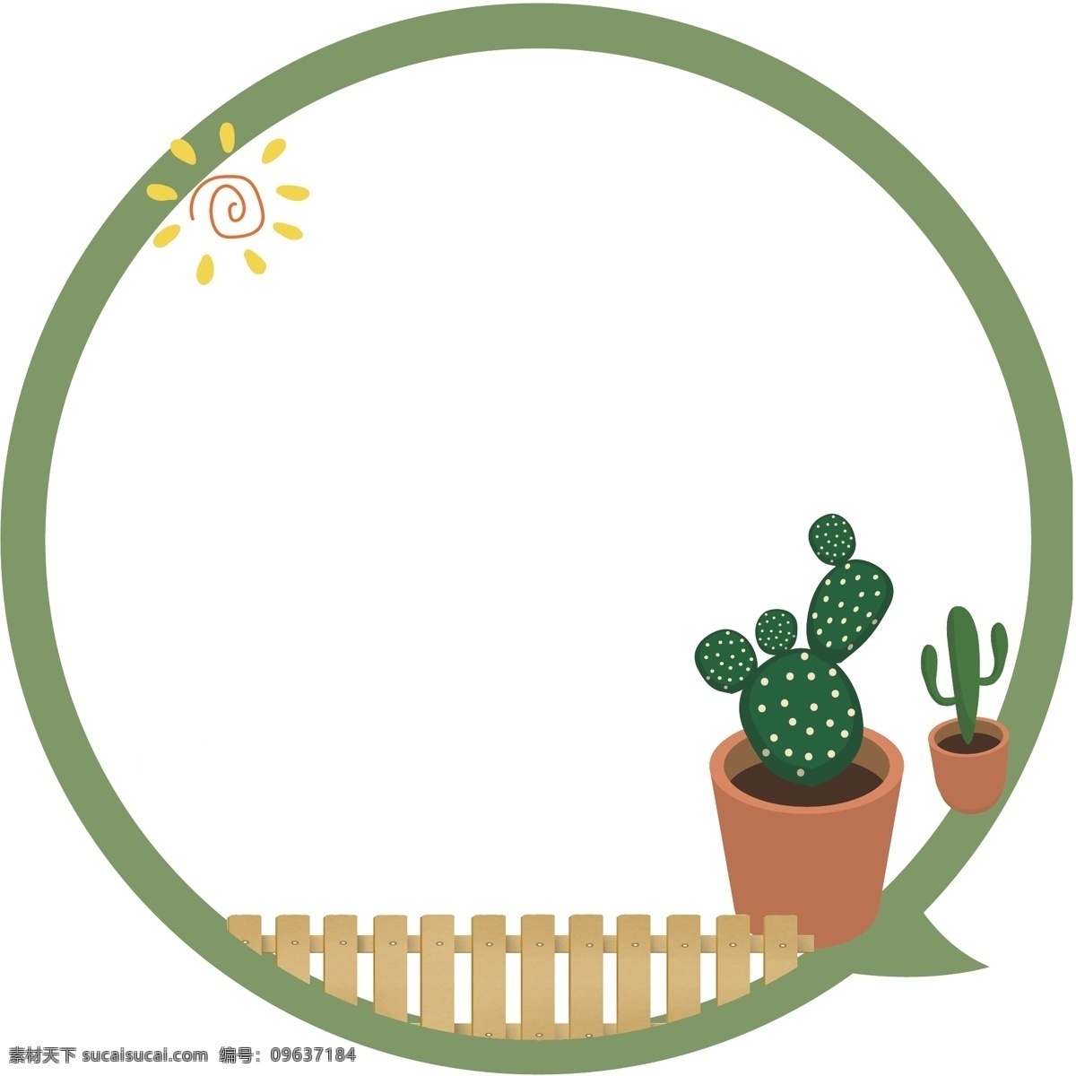 盆栽 太阳 对话框 绿色的盆栽 火红的太阳 卡通插画 对话框插画 边框 框架 框子 背景框