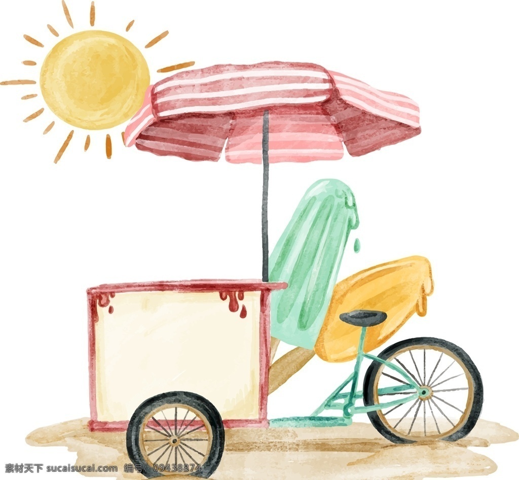 彩绘 夏季 沙滩 冰淇淋 车 矢量 矢量素材