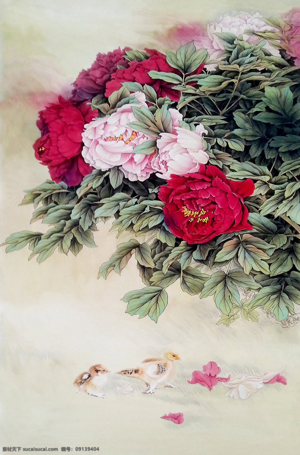 花开富贵 中国画 工笔花朵 牡丹花 牡丹画 国画牡丹 小鸡仔 花鸟画专辑一 文化艺术 绘画书法